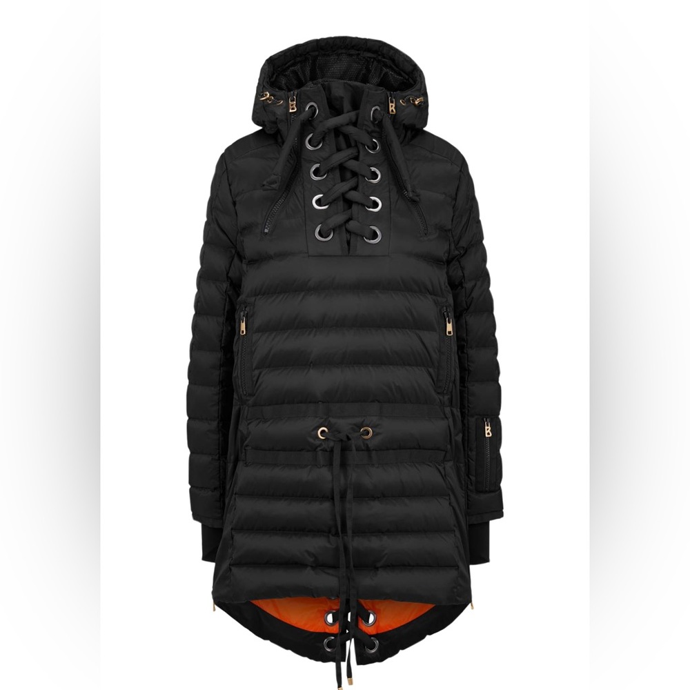 Bogner Black Quilted Hooded Down Coat with Orange Lining